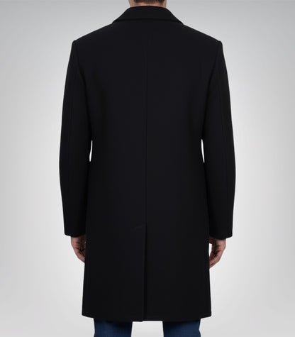 Men’s Single-Breasted Black Wool Coat Modern Fit Long Overcoat