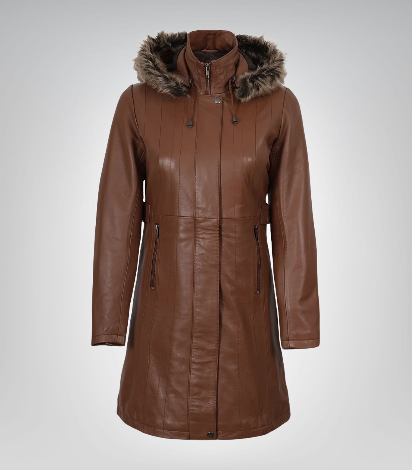 Women’s Brown Leather Coat with Removable Hood and Faux Fur Trim