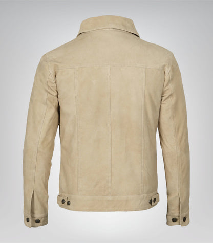 Men’s Classic Camel Real Suede Trucker Jacket Button Front Casual Style