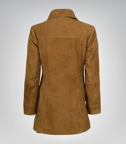 Women’s 3/4 Length Camel Brown Suede Button-Down Coat Real Suede Jacket