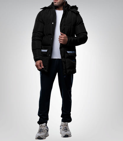 Melvin Long Men’s Black Puffer Jacket Insulated Winter Coat with Faux Fur Trim Hood, Water &amp; Wind Resistant