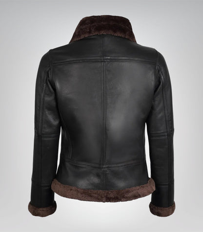 Women’s genuine dark brown leather bomber jacket with soft shearling details