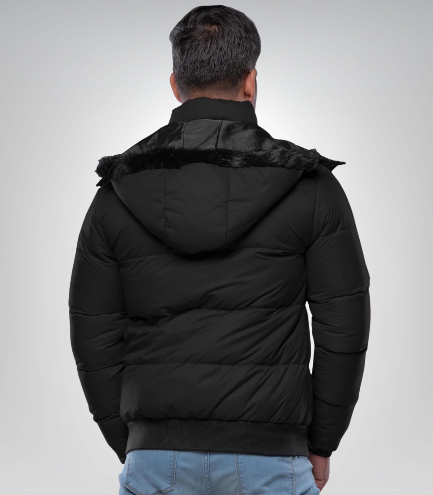 Desmond Men’s Black Puffer Jacket with Faux Fur Hood Lightweight Water-Resistant Winter Coat