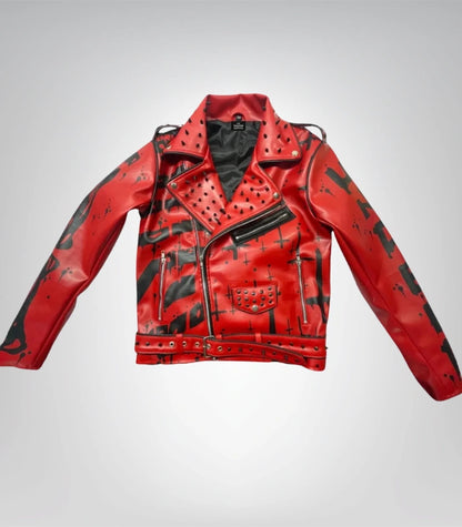 Rocker spiked leather jacket – red and black rebel motorcycle outfit