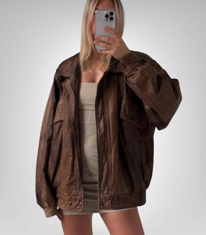 Retro brown leather jacket – 1970s vintage bomber outerwear
