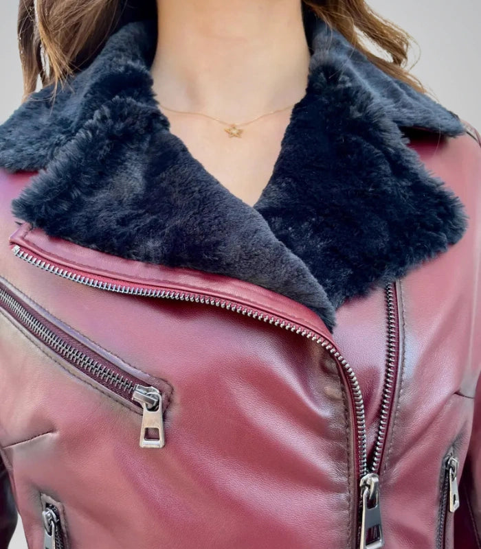 Luxury Burgundy Leather Jacket with Fur Collar | Genuine Leather Fashion