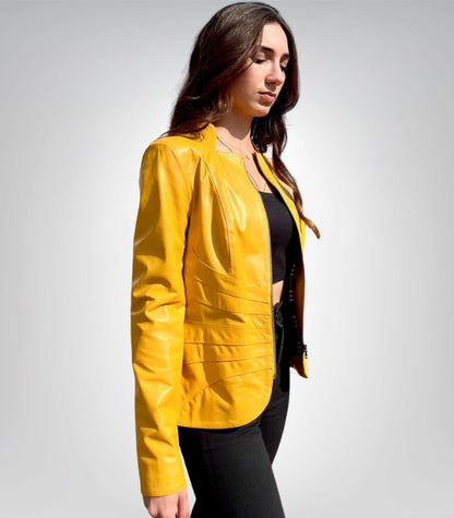 Stylish yellow leather jacket – sports-inspired genuine leather coat