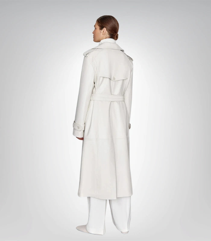 Classic women’s leather trench coat – off-white long elegant style