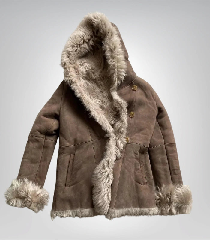 Classic women’s shearling hooded coat – handmade suede Afghan style outerwear