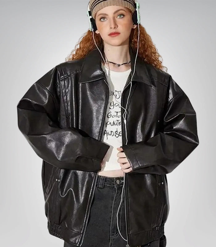 Women’s Oversized Leather Bomber Jacket Vintage Korean Streetwear 2025