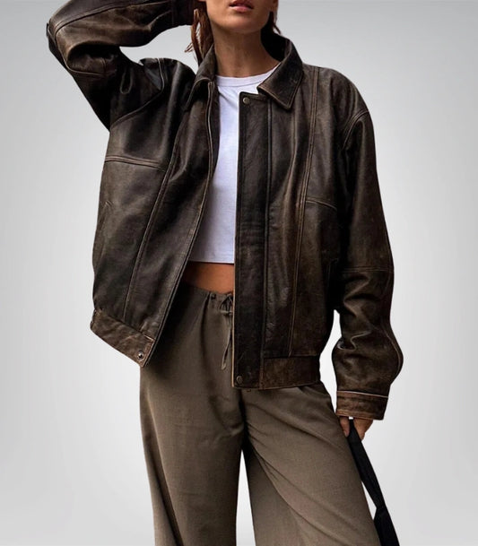 Women’s oversized brown lambskin bomber jacket – luxury leather outerwear