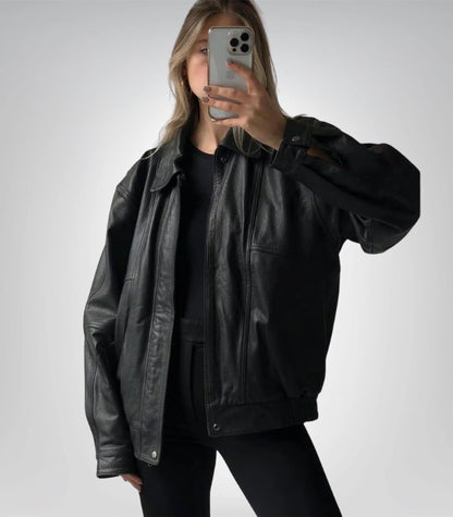 90s Vintage Black Lambskin Leather Bomber Jacket