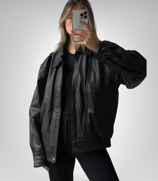 90s Vintage Black Lambskin Leather Bomber Jacket