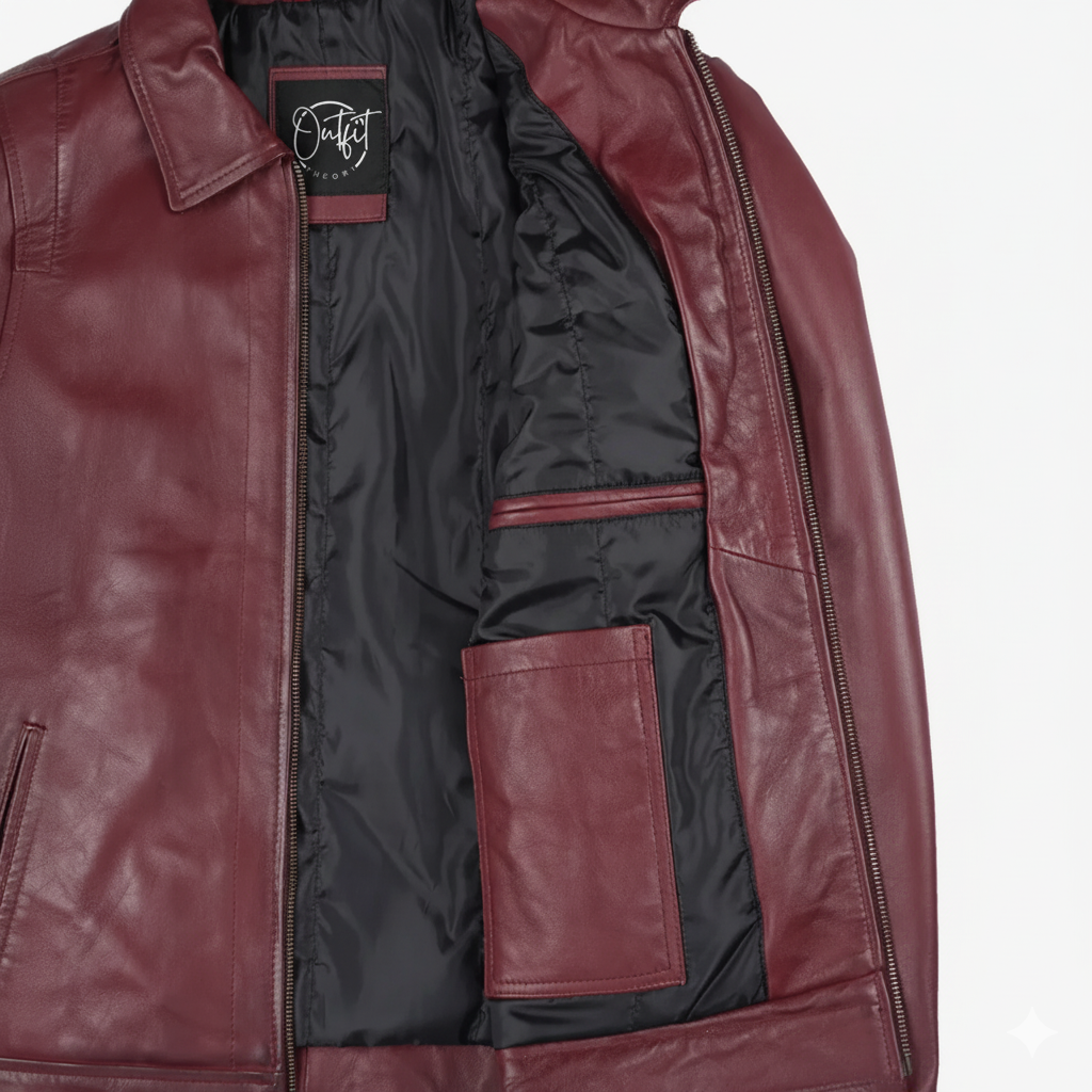 Premium burgundy men’s leather Harrington jacket with shirt collar