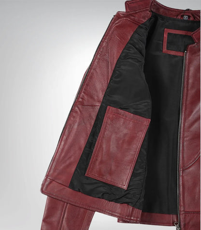Women’s burgundy leather jacket – slim fit, classic moto lambskin design