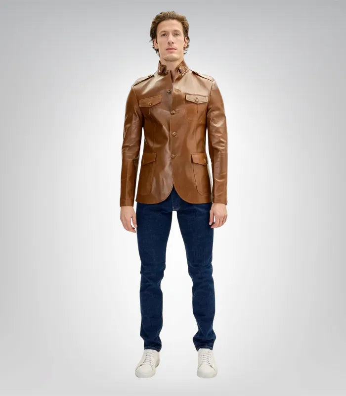 Men’s brown leather motorcycle shirt jacket – handmade slim fit