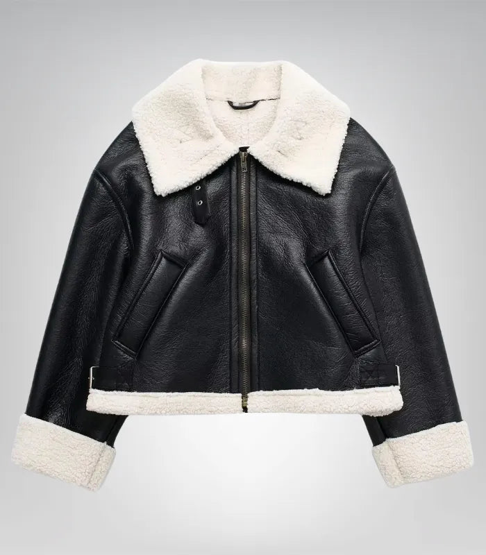 Stylish women's black shearling-lined bomber jacket front view