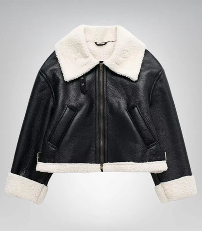 Stylish women's black shearling-lined bomber jacket front view