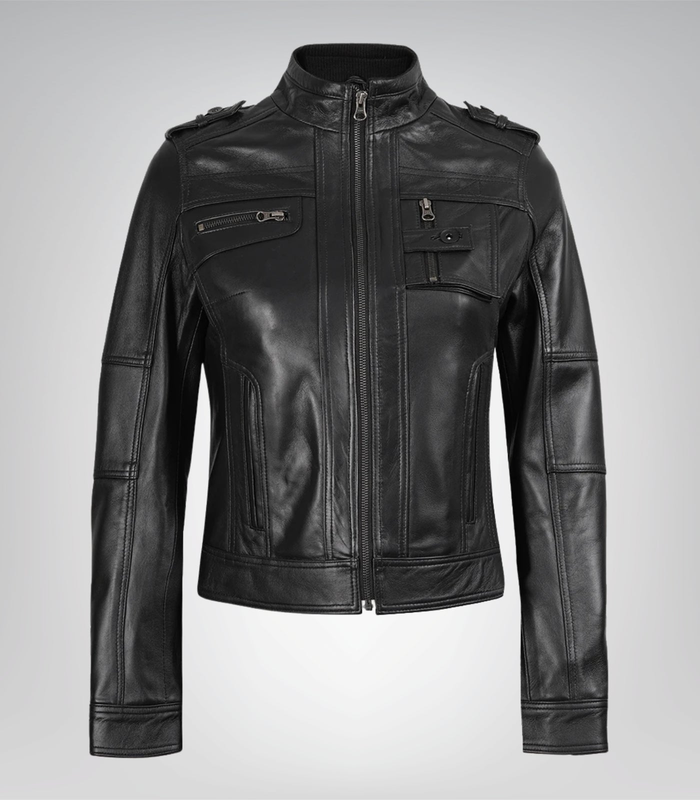 Classic Biker-Inspired Women’s Black Leather Moto Jacket