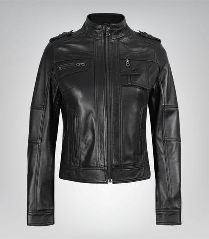 Classic Biker-Inspired Women’s Black Leather Moto Jacket