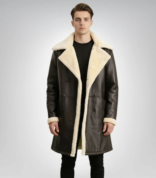 Charles Distressed Black Leather Shearling Double-Breasted Coat