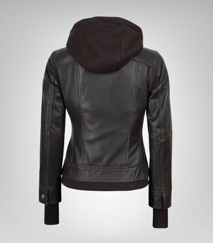 Women’s Genuine Leather Brown Bomber Jacket with Detachable Hood