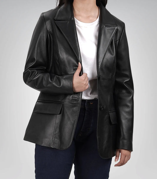 Women’s black leather blazer – classic two-button design in genuine lambskin