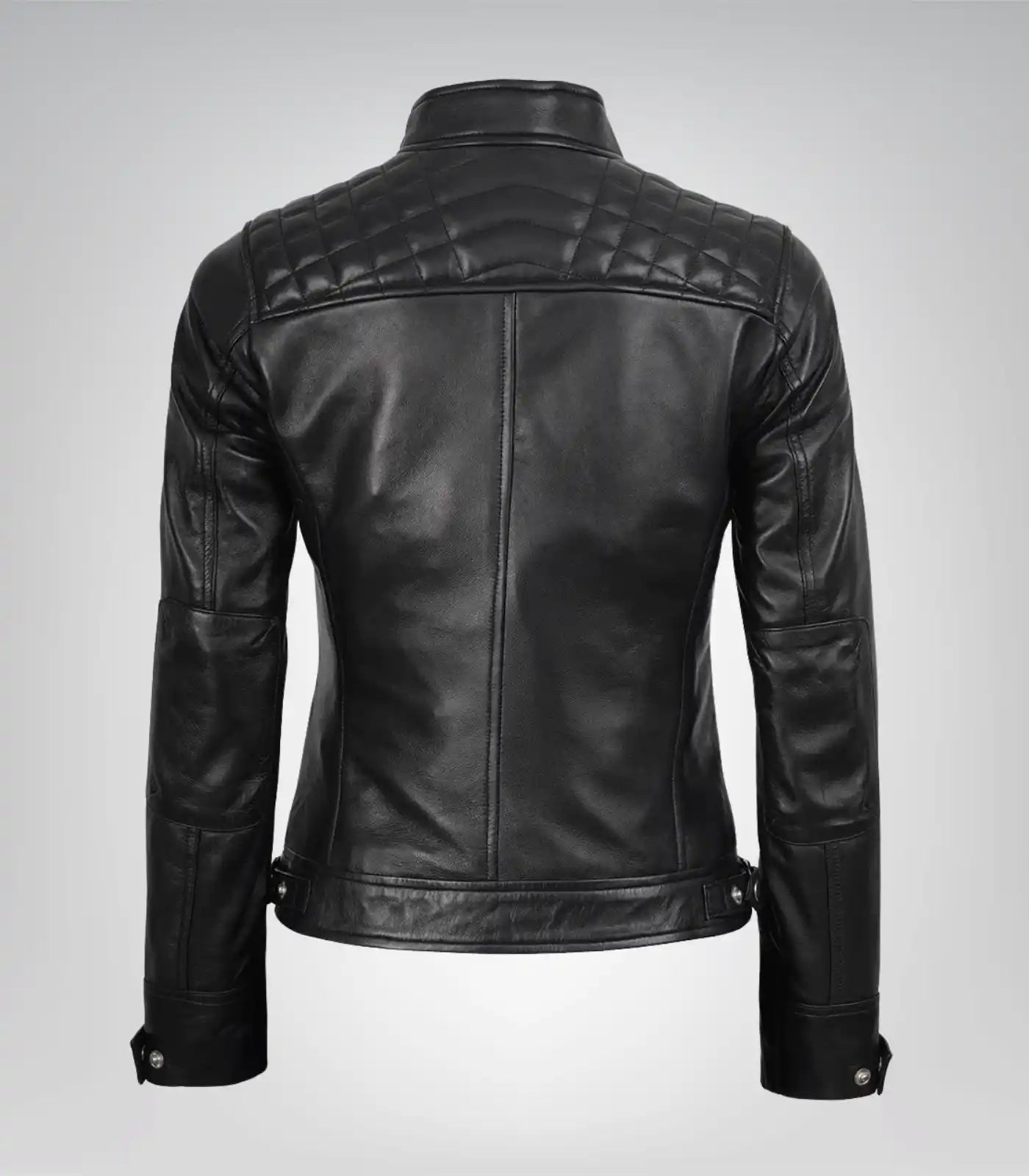 Women’s Black Leather Motorcycle-Style Jacket with Quilted Detail