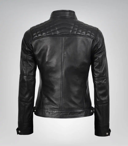 Women’s Black Leather Motorcycle-Style Jacket with Quilted Detail