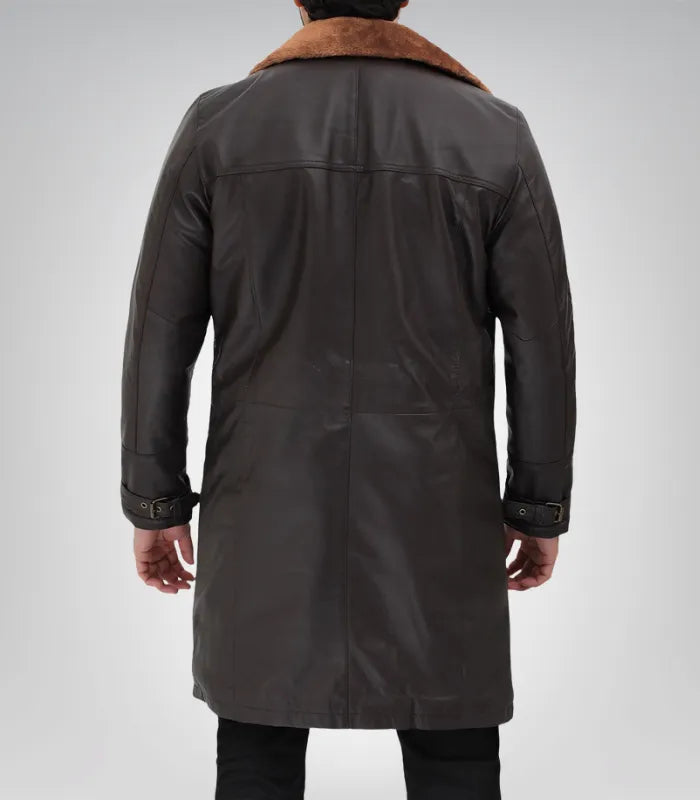 Men’s Dark Brown Leather Shearling Coat 3/4 Length