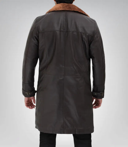 Men’s Dark Brown Leather Shearling Coat 3/4 Length