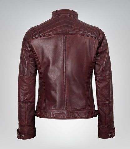 Women’s Burgundy Genuine Lambskin Moto-Style Leather Jacket