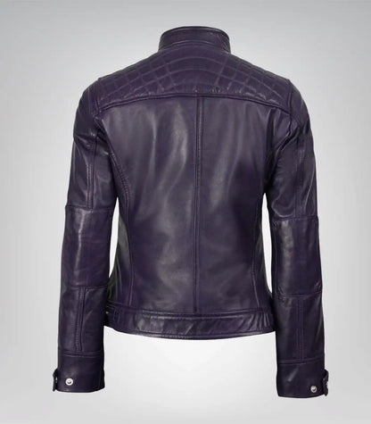 Women’s Purple Leather Motorcycle-Style Jacket with Quilted Shoulders
