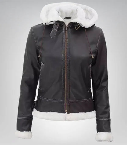 Women’s Mary B3 Dark Brown Shearling Leather Jacket with Removable Hood