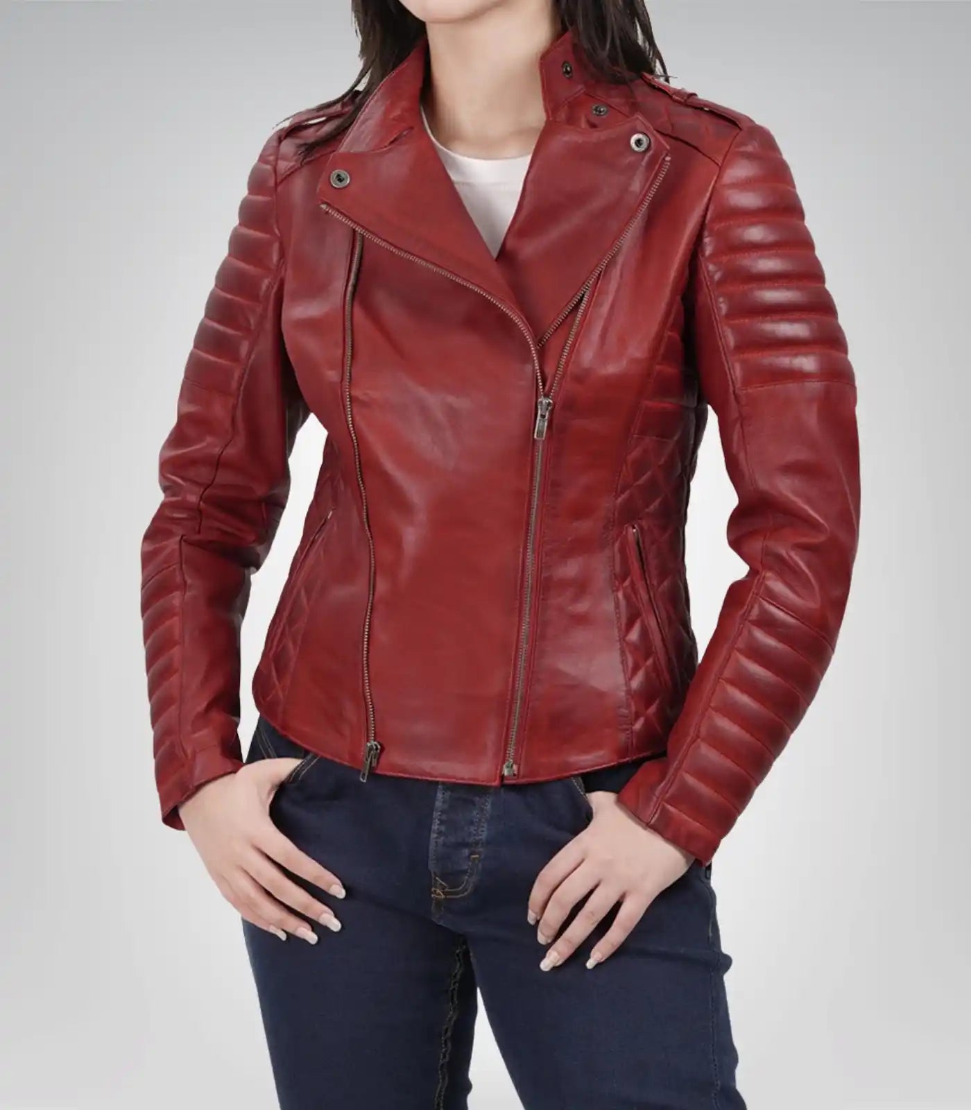 Red genuine leather asymmetrical biker jacket for women
