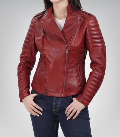 Red genuine leather asymmetrical biker jacket for women
