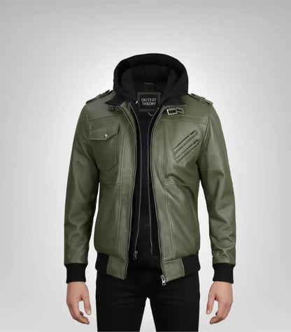 Mens Army Green Bomber Leather Jacket