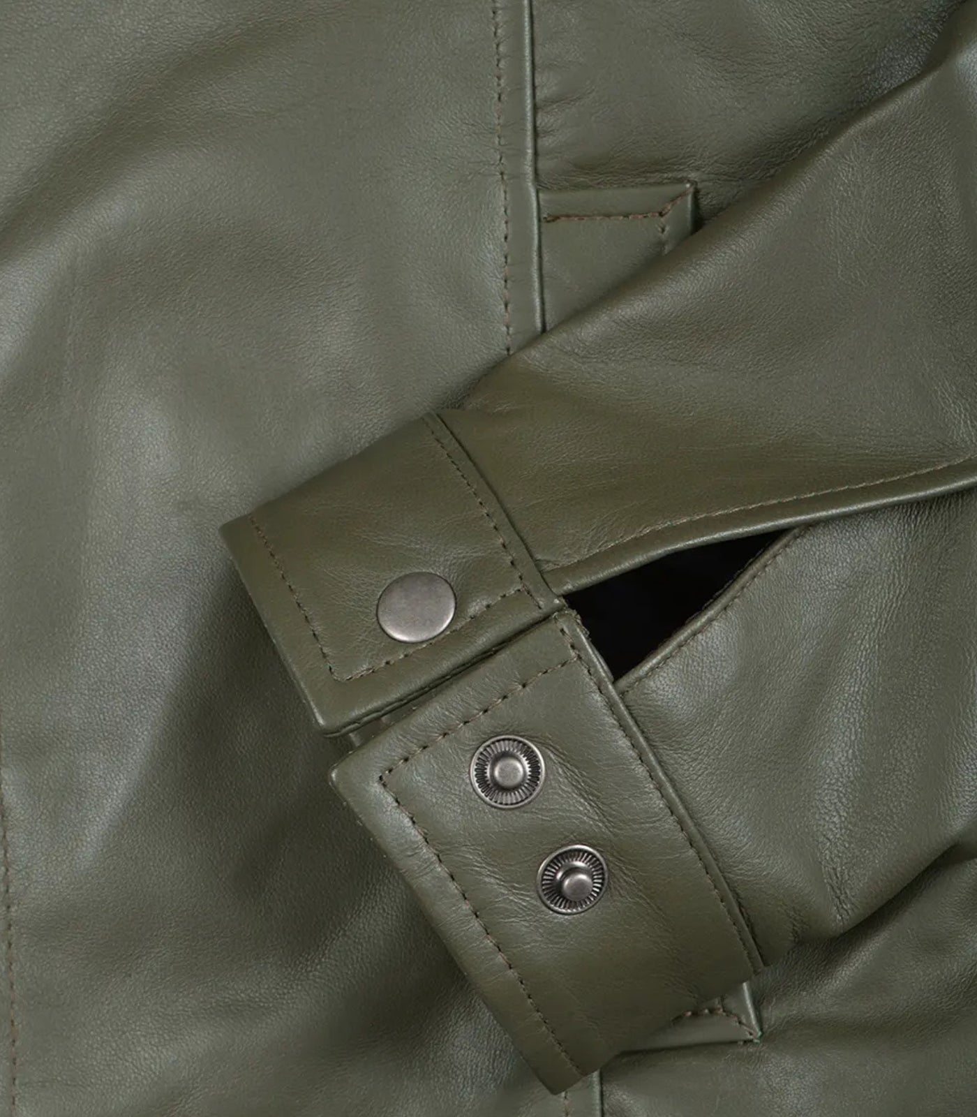 Men’s Olive Green Leather Jacket with Classic Shirt Collar