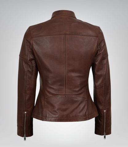 Women’s Genuine Cognac Leather Biker Jacket with Textured Finish