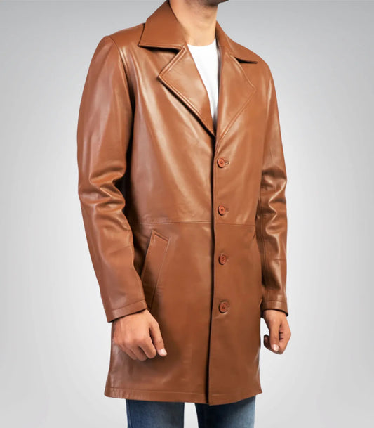 Men’s Classic Cognac Real Leather Trench Coat – Timeless Long Overcoat Style