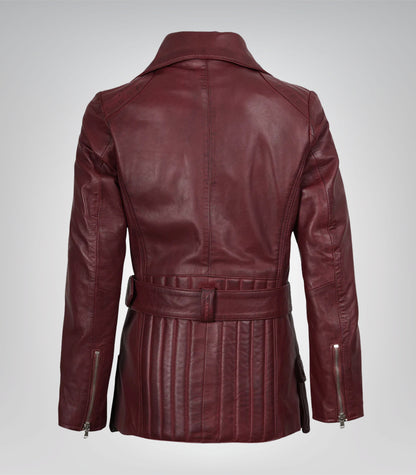 Asymmetrical Maroon Leather Biker Jacket for Women with Belted Detail