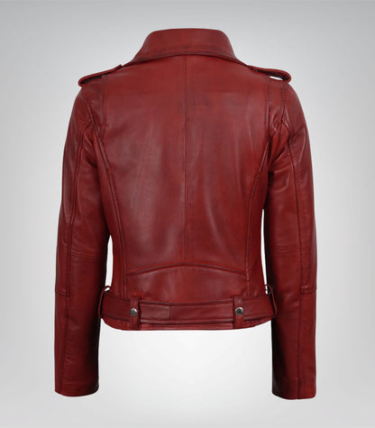 Belted Women’s Leather Motorcycle Red Jacket