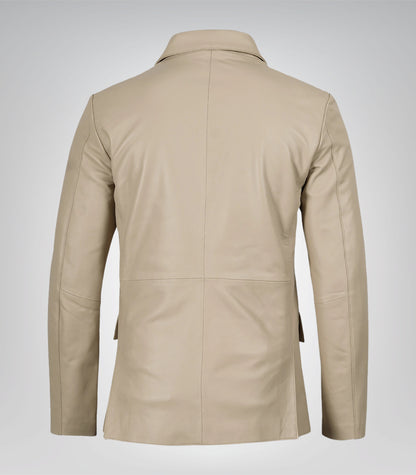 Two-Button Beige Leather Blazer for Men Notch Lapel Style