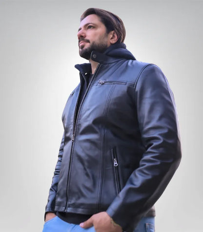 Men’s Black Leather Jacket with Removable Hood – Premium Biker Style Hooded Leather Jacket for Men