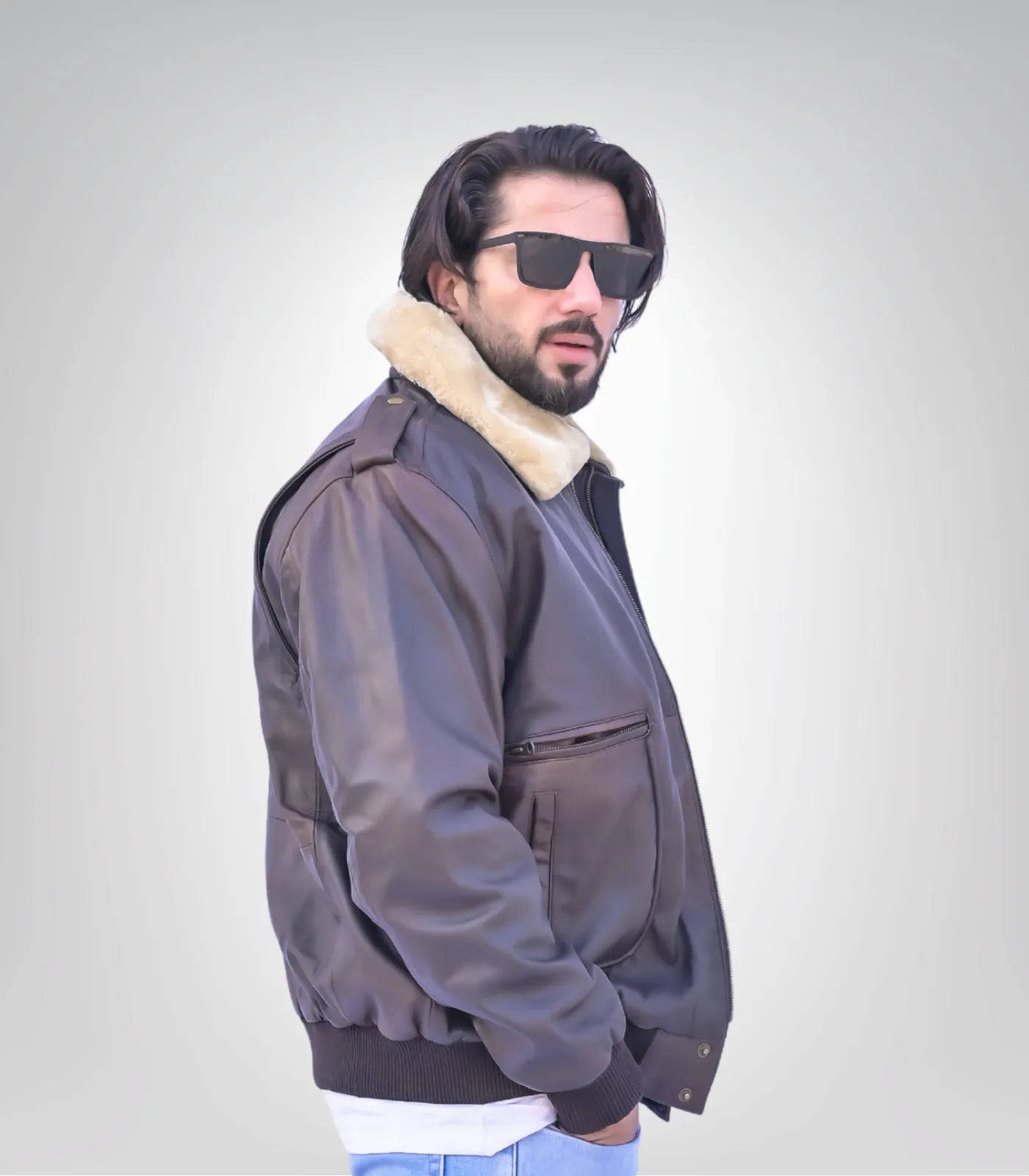 Men’s pilot-style lamb leather jacket – detachable fur collar premium design