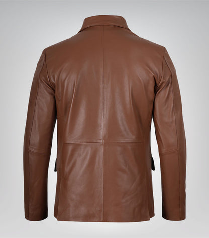 Men’s Cognac Real Leather Two-Button Blazer Jacket