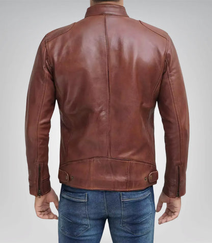 Men’s Tall Fit Cognac Brown Leather Biker Jacket – Premium Real Leather