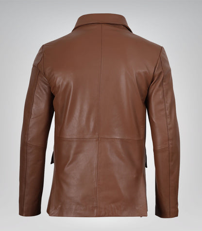 Men’s Two-Button Cognac Leather Blazer with Notch Lapel