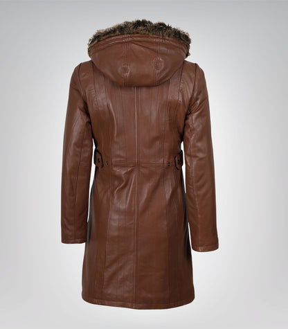 Women’s Brown Leather Coat with Removable Hood and Faux Fur Trim
