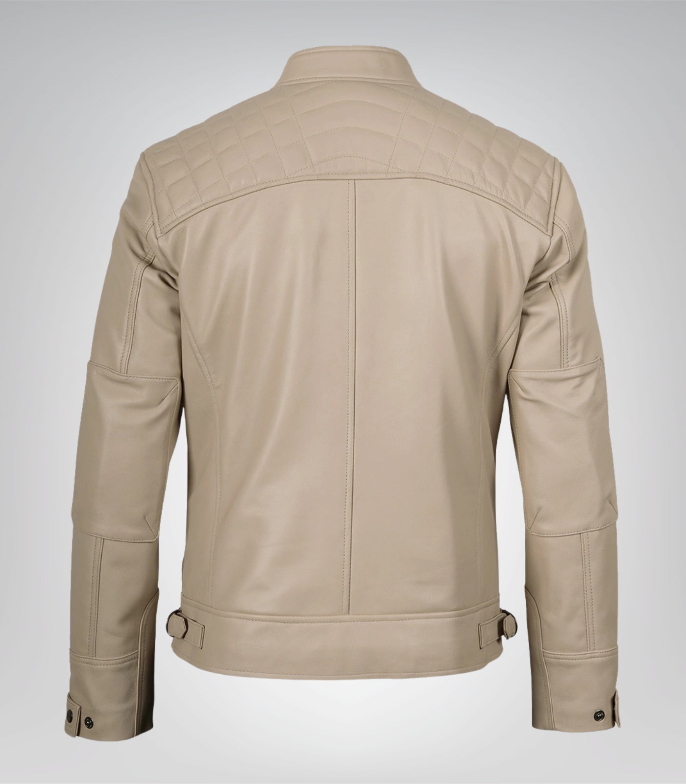Beige Biker Style Men’s Leather Jacket Featuring Quilted Shoulders
